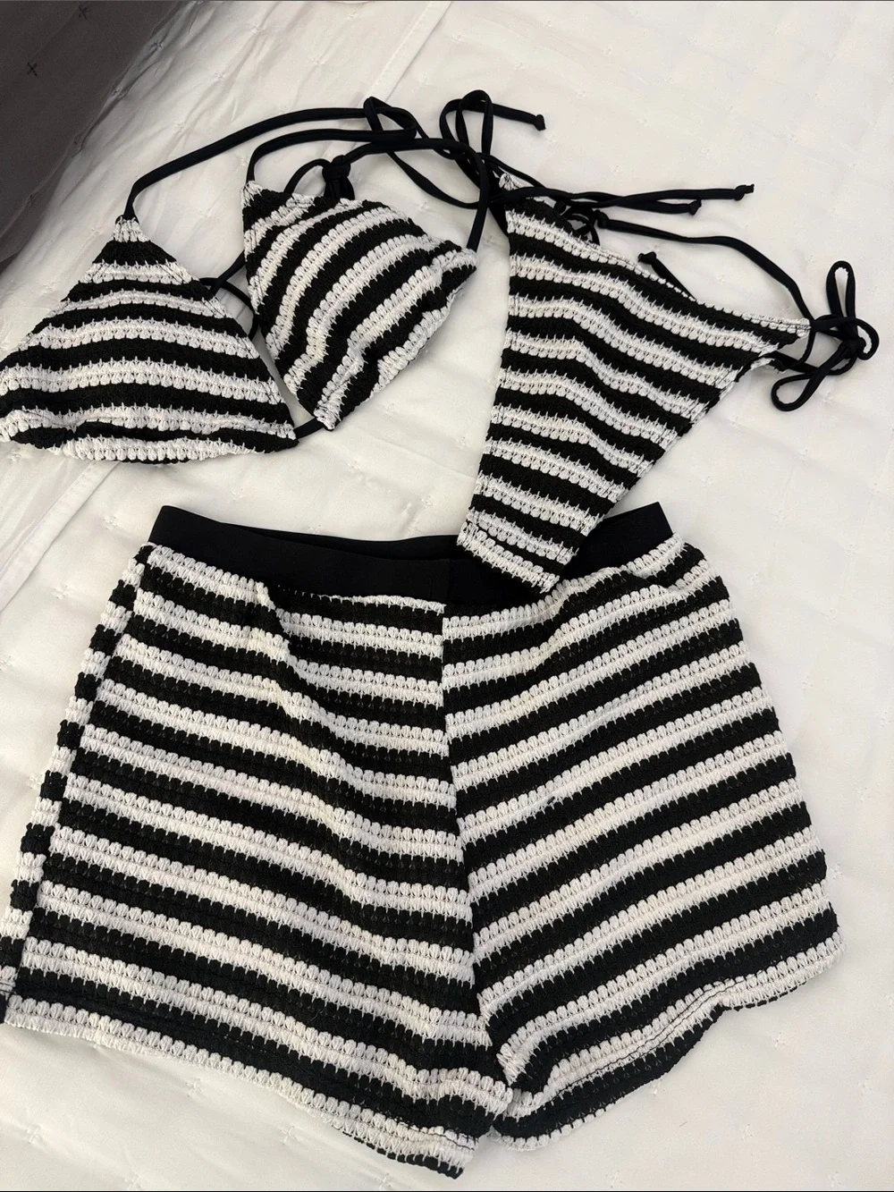 Black & White Crochet Bikini Set with Matching Shorts New